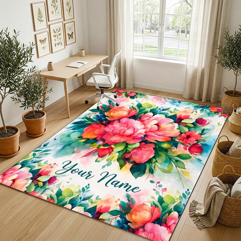Floral Garden Theme Crystal Velvet Rug Personalized Custom Name Text Soft Floor Mat Home Decor