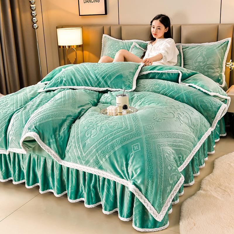 Class A Maternal And Infant Grade High-Gram Carved Fleece Milk Fleece Bed Skirt4-Pcs Set, Winter Double-Sided Fleece Quilt Cover