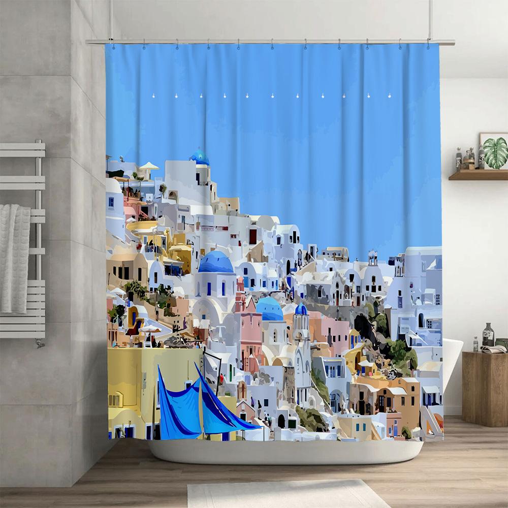 Bathroom Shower Curtain Decor with Blue Sky Scene White Village House Print for Home Decoration Waterproof Fabric In Multiple Si