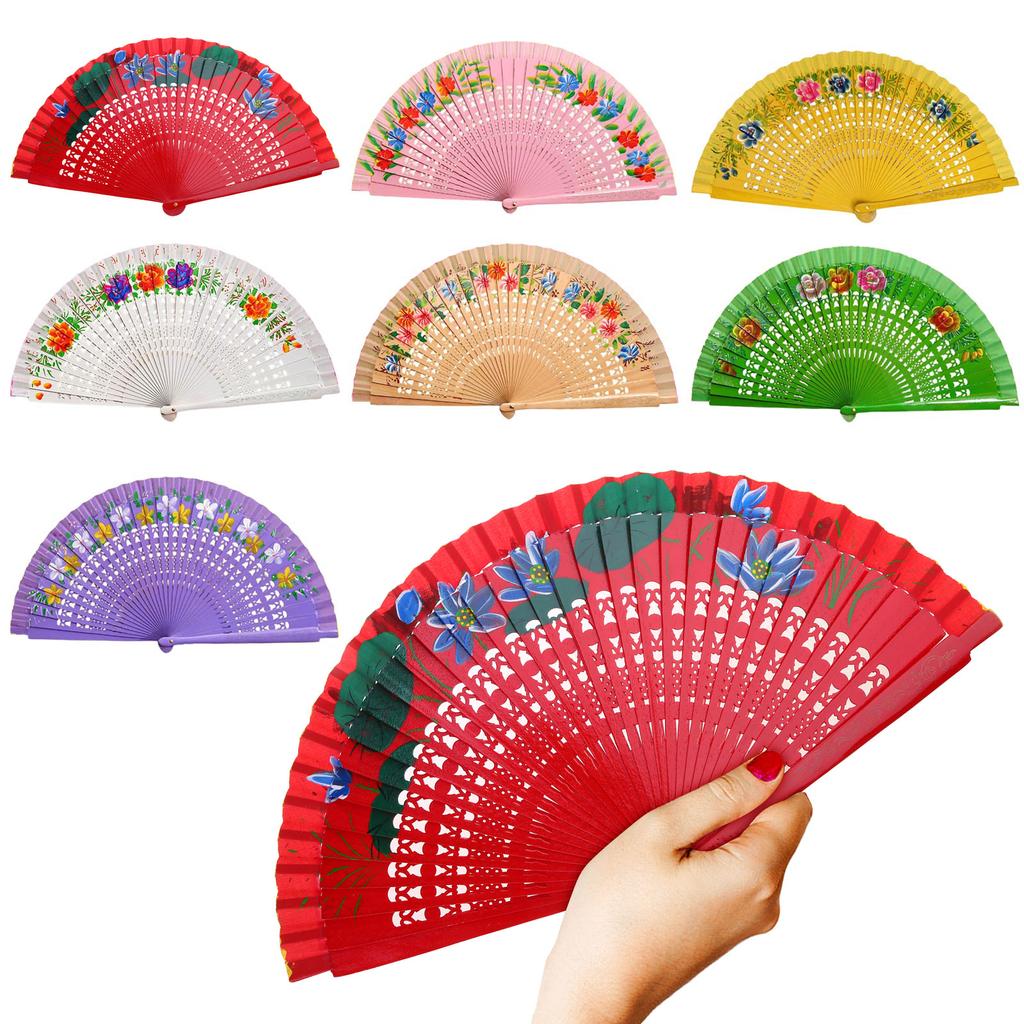 Women Vintage Spanish Folding Fan Double-Side Flower Painting Gypsy Wooden Hand Fan for Dance Festival Decoration