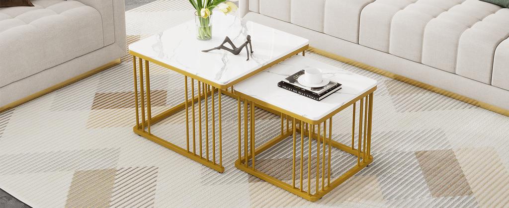 2-teiliges Set quadratische Hochglanz-Marmoroptik Kaffeetische, Stapeltische mit goldenen Beinen, 60*60*45cm und 45*45*40cm, Vielseitig