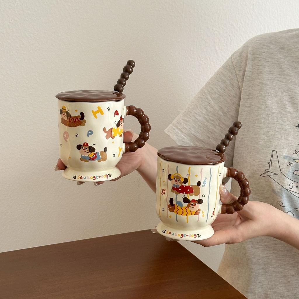 Cute Dachshund Dog Goblet Household Drinking Water Mug with Lid Spoon Office Ceramic Breakfast Coffee Milk Cup