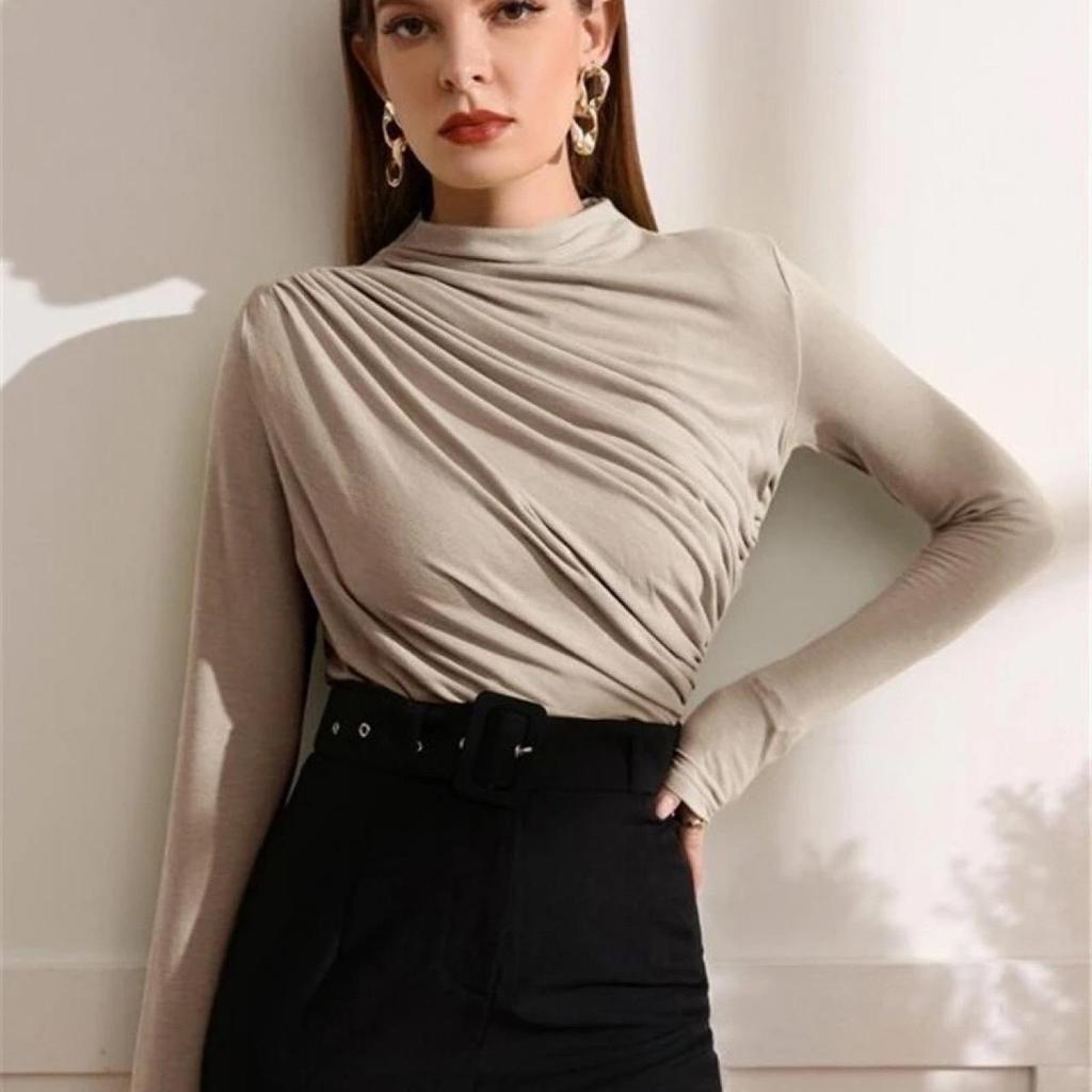 Jesienno-zimowa bluzka z wysokim kołnierzem, plisowana, z długim rękawem