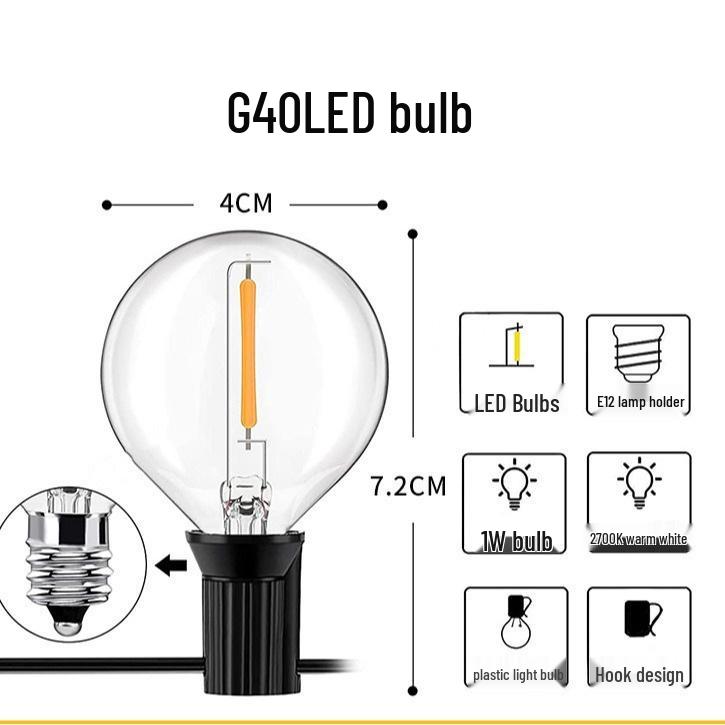 Solar G40 String Lights - Outdoor Festival, Garden, Balcony, Camping, Retro Party Decor.