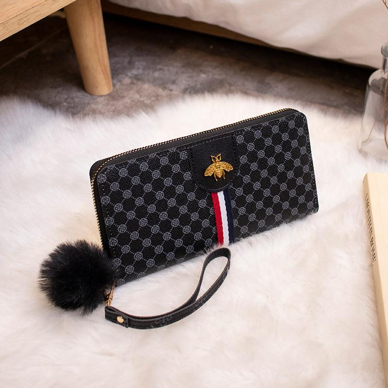 New Contrasting Color Women's Wallet Casual Printing Bee Label Change Bag Hairball Decoration Medium and Long Clutch Bag