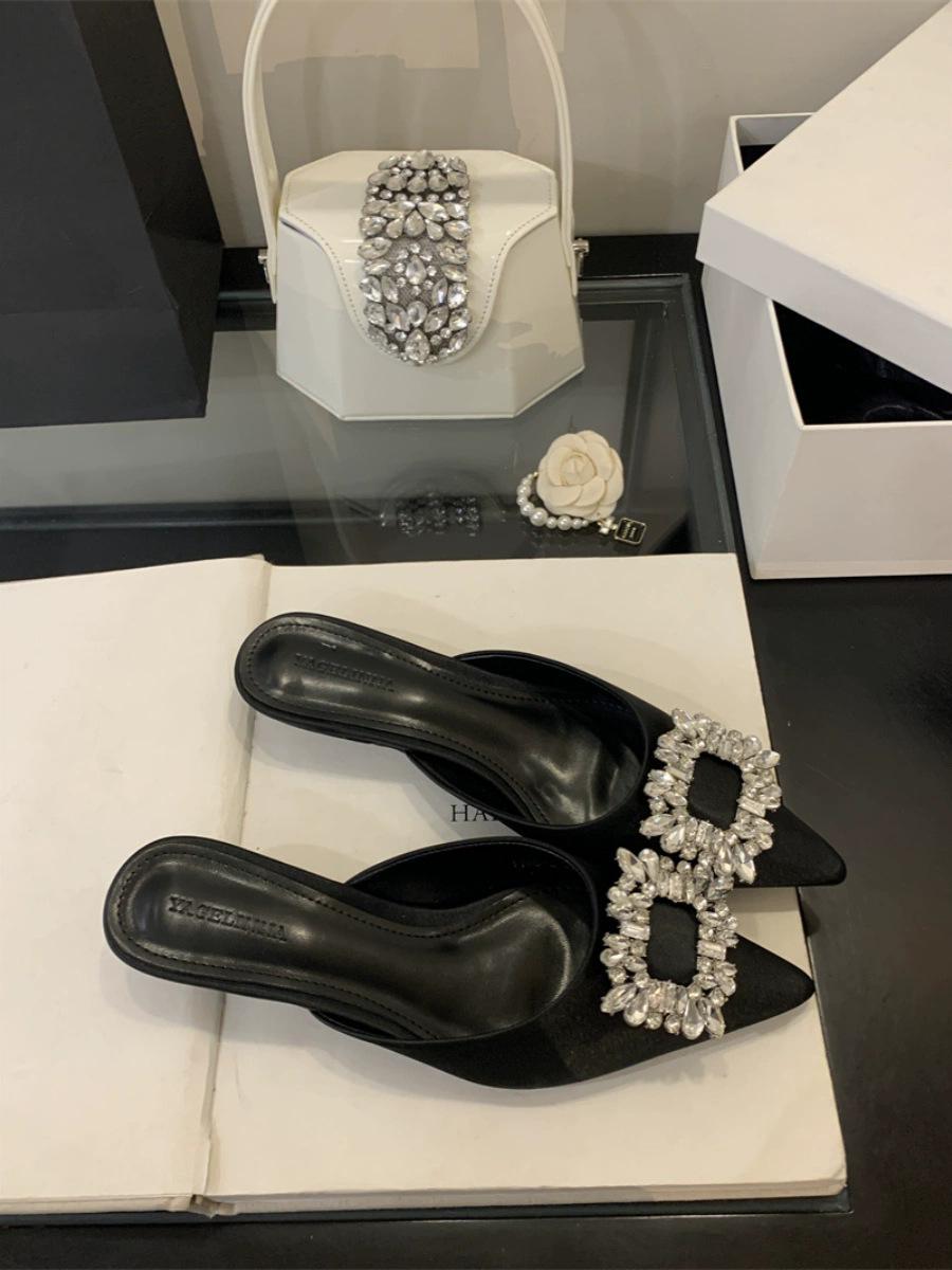 

Туфли на высоком каблуке, французские ретро-полушапки, новинка 2025 года, летние ленивые однопедальные классные тапочки, женская обувь 39 чёрный