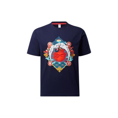 Crane Pattern Printed Casual Round Neck Short Sleeve T-Shirt Unisex Tops Navy-Blue GV0232