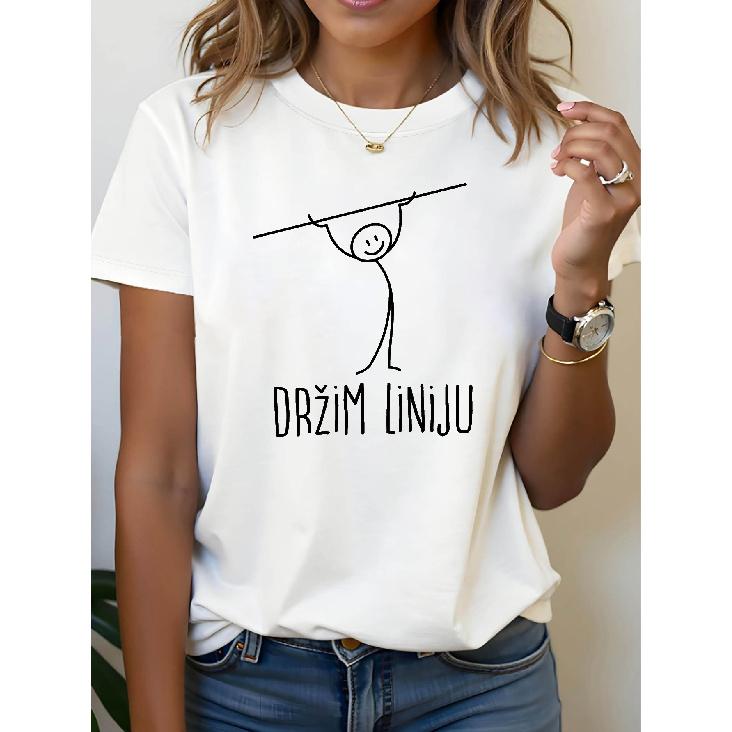 Croatian“DRŽIM LINIJU”“Adhere to principles”Minimalist Character Quotes Text Print T Women s Spring/Summer Short Sleeve Round Neck Casual S белый