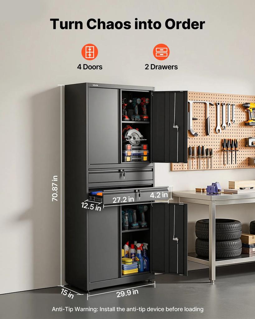 VEVOR Metal Storage Cabinet, 81.5 kg Shelf Load Capacity, 1800 mm Tall Garage Tool Storage Cabinet with 4 Locking Doors and Adjustable Shelves