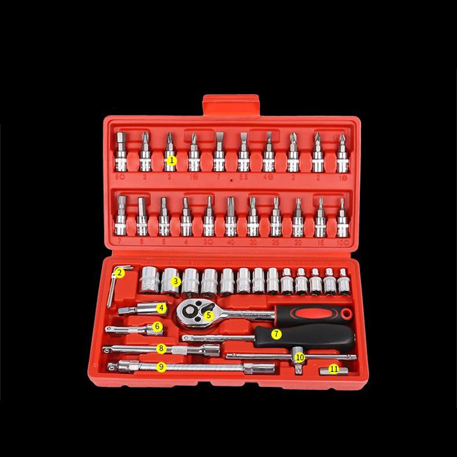 

46PCS 1/4 Inch Set,Drive Car Tool Ratchet Torque Kit With Box, Ratchet Set With CR-V Sockets Metric & Extension Bar, Socket One Size красный