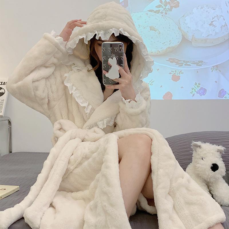 

GMXIA Fairy Style Bathrobe, Flannel Thickened Hooded Bathrobe, Pajamas, Warm Winter Robe, Coral Fleece Bathrobe for Women XXL