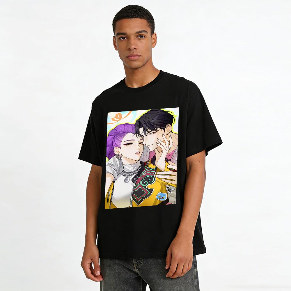 Chinese Style Anime Couple Print Short Sleeve T-Shirt Unisex Loose Casual Trendy Top Pure cotton T-shirt