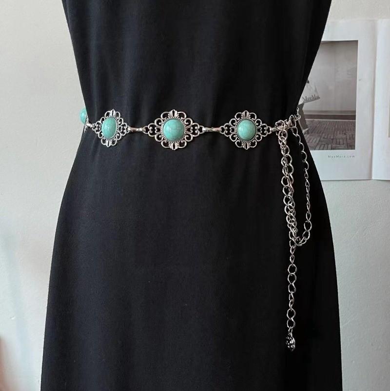 Boho Style Imitation Turquoise Carved Waist Chain for Women Versatile Retro Dress Decorative Metal Ethnic Waist Belt