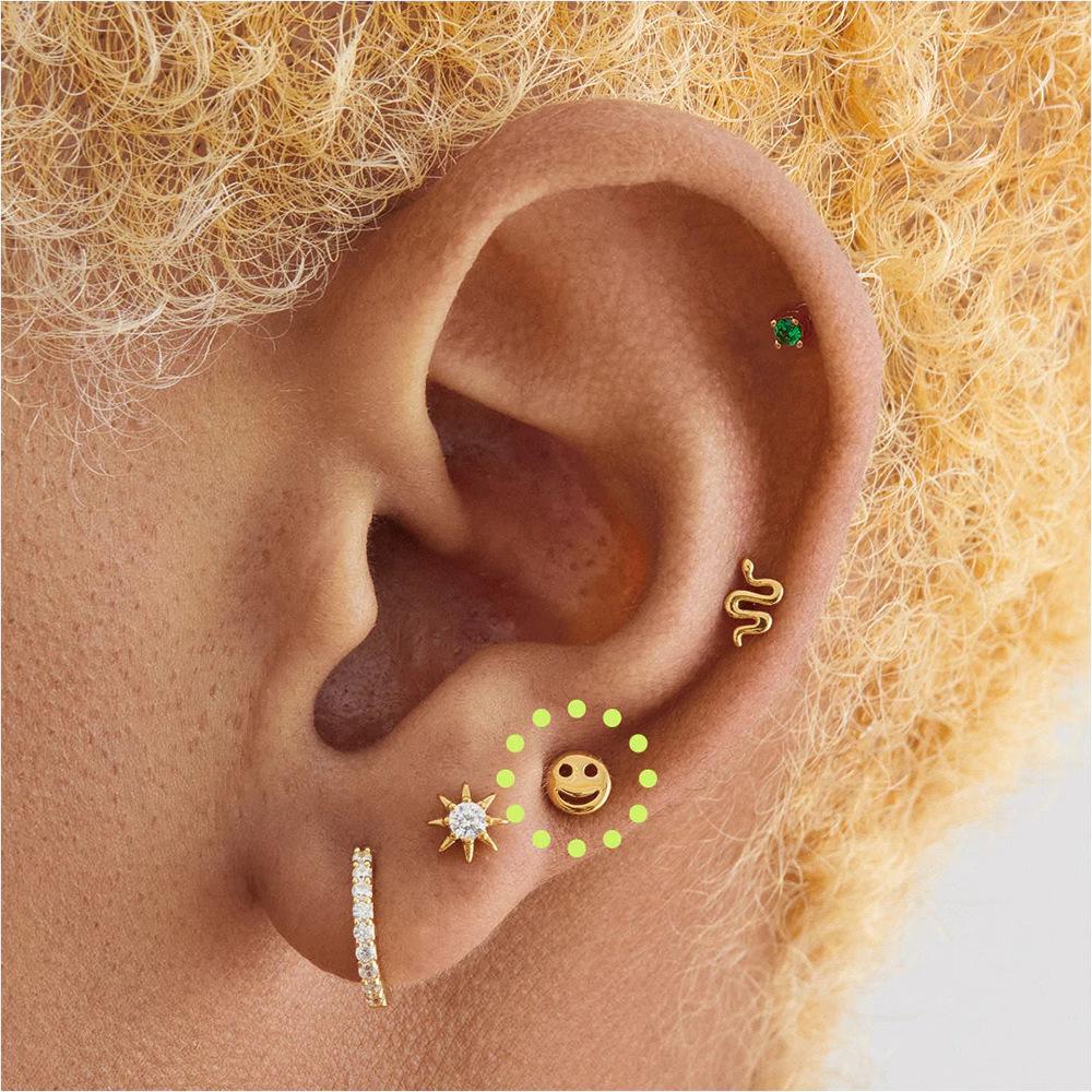 S925 Sterling Silver Geometric Moon Cartilage Earrings with Flat Head Threaded Studs