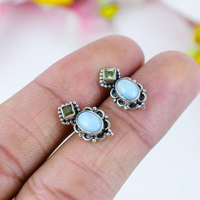 Natural Republic Larimar,Peridot 925 Solid Sterling Silver Tops Earring L7o49
