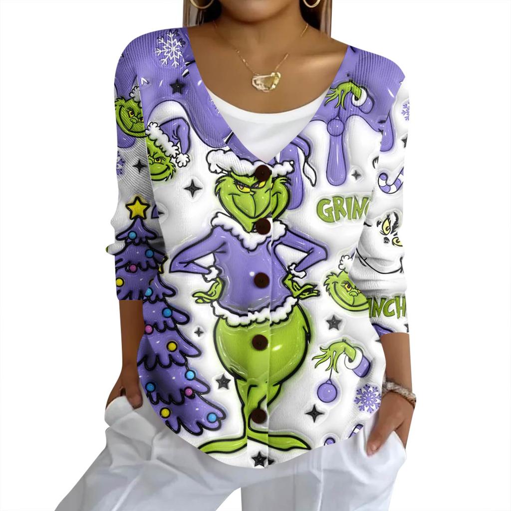 Women's Fashion Casual Knit Sweater Button-Up Christmas Print Cardigan Jacket