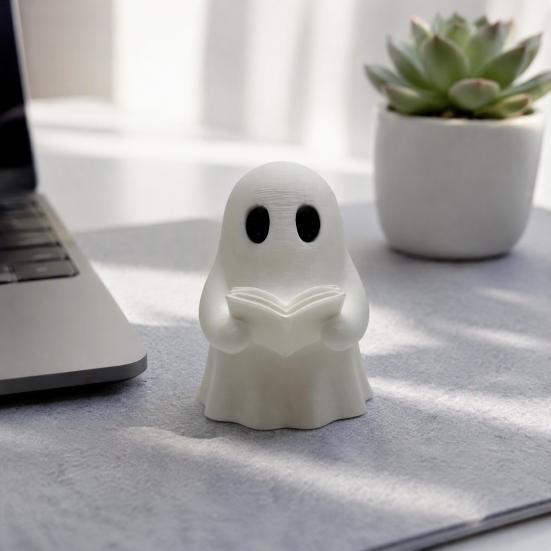 3D Printed Spooky Ornaments Halloween Mini Ghost Reading Book Ornament, Cute Little Small Statues for Desks Figurine, Durable PLA Creative Bookshelves
