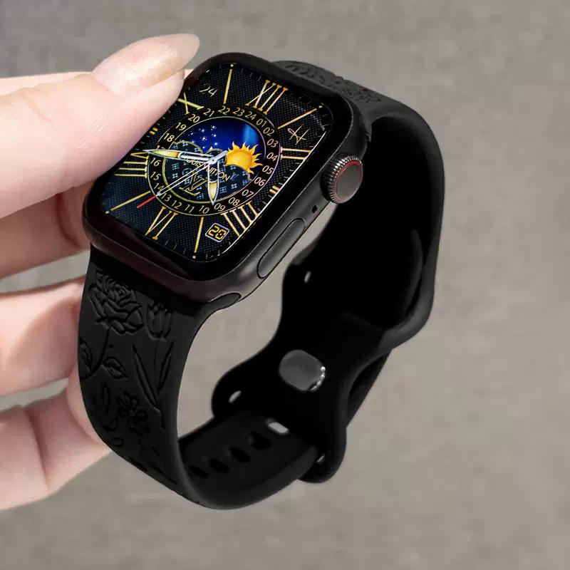

Силиконовый ремешок для Apple Watch, ремешок iWatch с тиснением розы Applewatch 8, 7, 6, 5, 4, 3, 2 1se Ultra, 38 мм, 40 мм, 41 мм, 42 мм, 44 мм, 45 мм, 49 мм 38/40/41mm