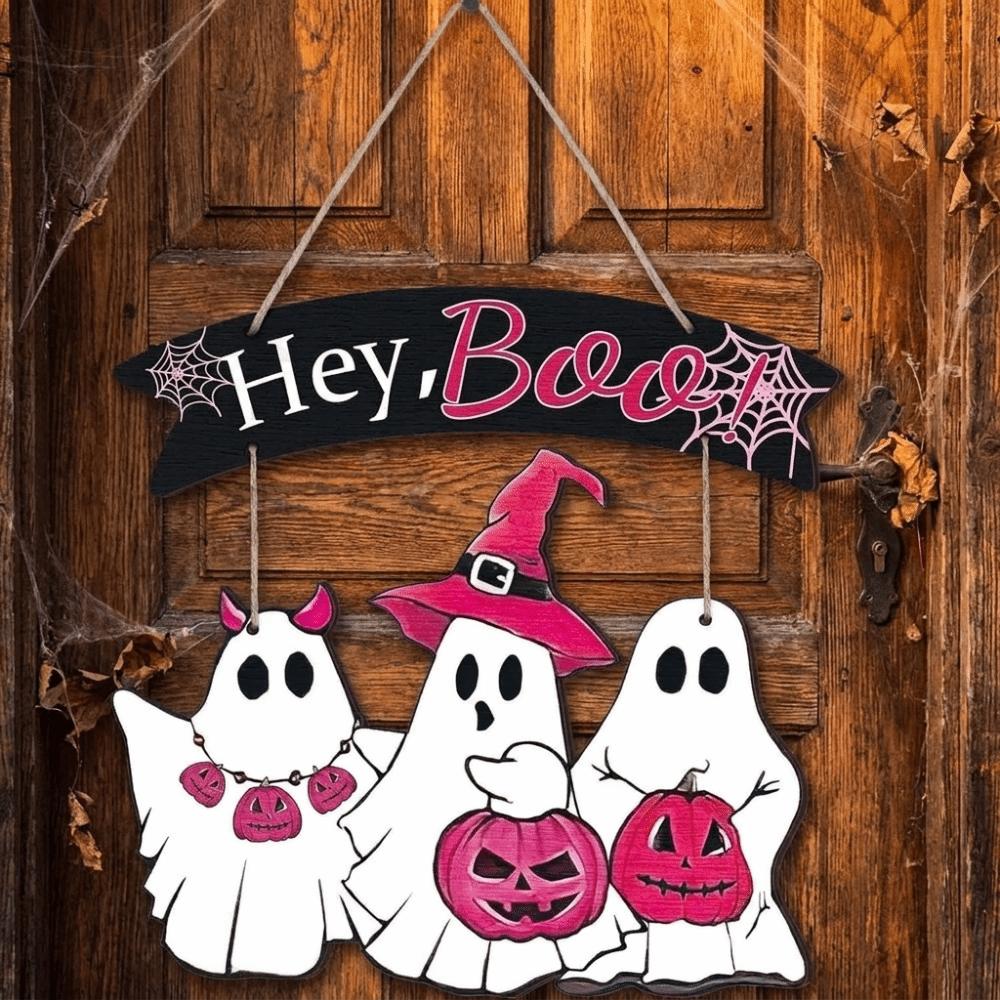 Wooden Halloween Ghost Door Sign Cartoon Door Hanging Cute Halloween Welcome Door Plaque Porch