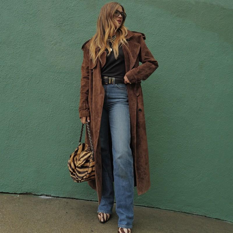 Brauner Wildleder Langmantel Damen Lockerer Schnitt Revers mit Kerbe Business Casual Trenchcoat