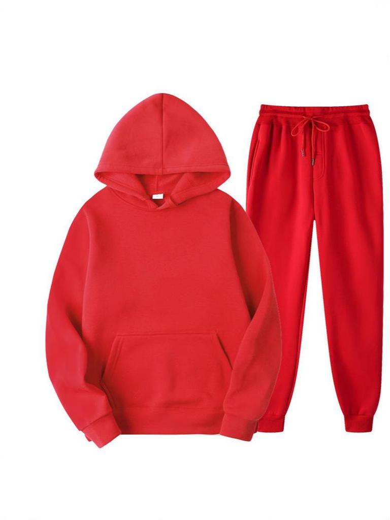 European Size Men's Fleece-Lined Hooded Sweatshirt & Pants Set - Casual Solid Color Two-Piece