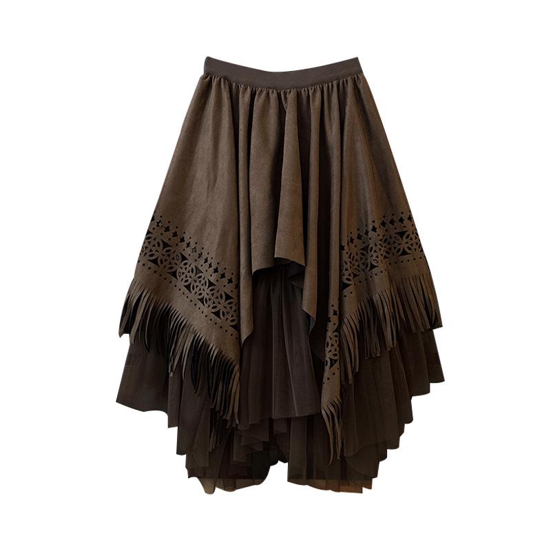 Women's Ethnic Crochet Tassel Trim Patchwork Midi Skirt - Autumn 2025 High Waist Pleated Fluffy Skirt