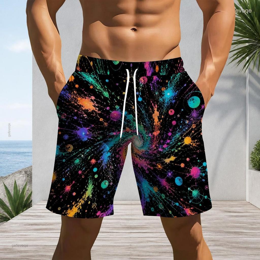 Men Plus Size Abstract Gradient Print Beach Shorts Elastic Waist Drawstring Loose Casual Shorts With Pockets For Swimming Surfing Summer Vacation