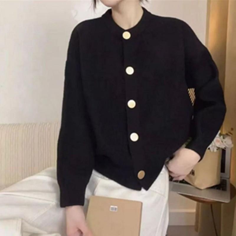 Womens Knit Cardigan Round Neck Metal Buttons Loose Fit Short Sweater Commute