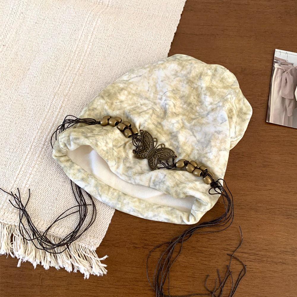 Weave Beaded Butterfly Hat Retro Knitted Tie-dye Hat Casual Wasteland Pullover Cap  Girls