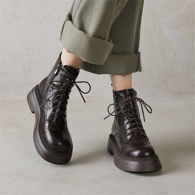 Fashion New Autumn/winter Genuine Leather Women Boots Round Toe Shoes for Women Fashion Boots Mid Heels Lace Side Zipper Platform Boots