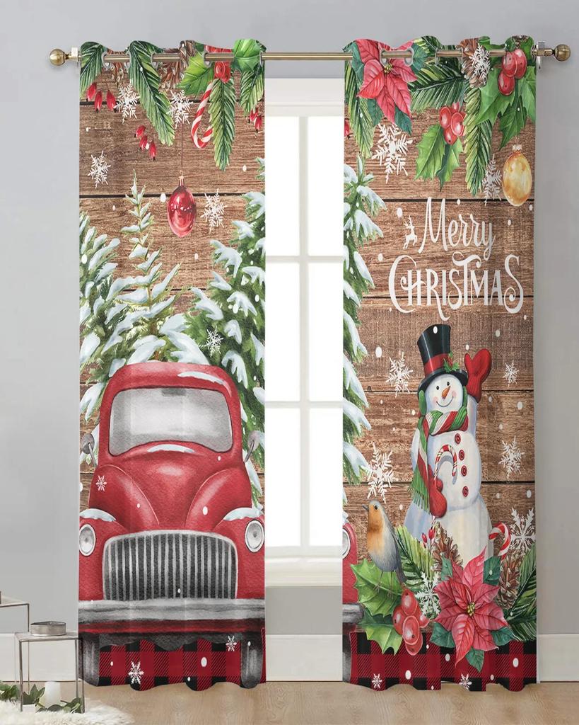Snowflake Christmas Snowman Redwood Truck Voile Curtains Bedroom Tulle Window Curtain Living Room Sheer Curtains Blinds Drapes