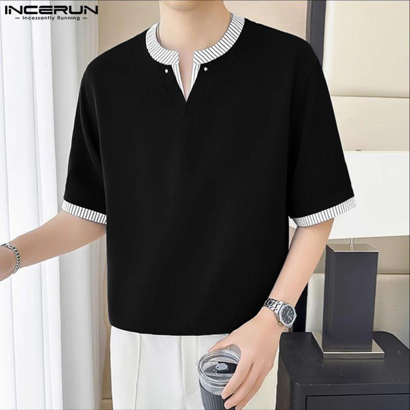 INCERUN Men's Short Sleeve Casual Striped Patchwork Oversized Tops T-shirts