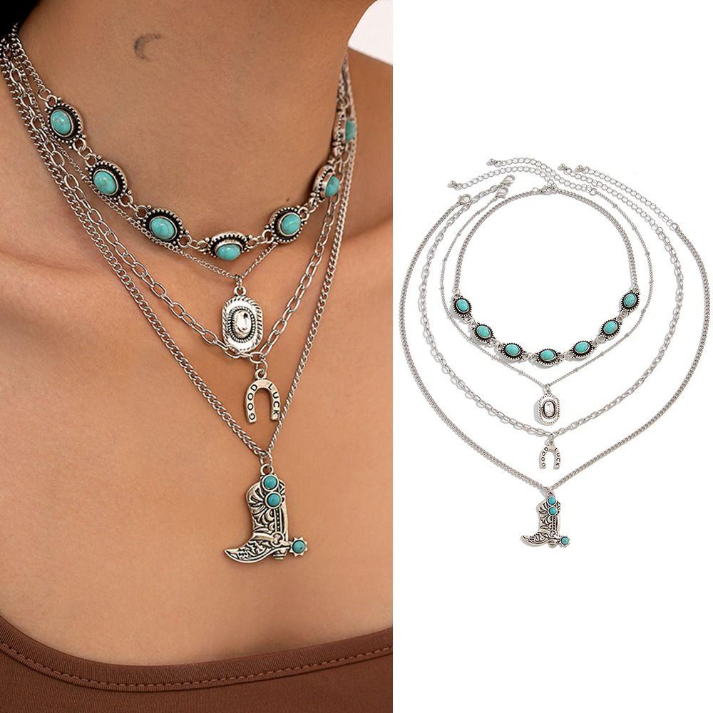 Bohemian Turquoise Chain Choker Vintage Clavicle Chain Multi Layer Necklace  Jewelry Gift