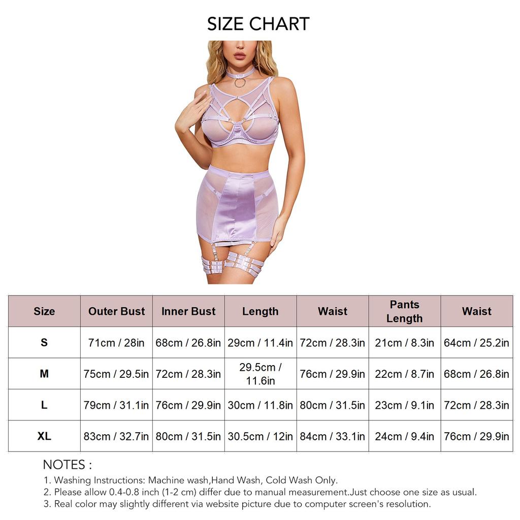 7pcs Women Lingerie Set Hollow Out Garter Belt Leg Loops See Through Mesh Splicing Nightwear Black S