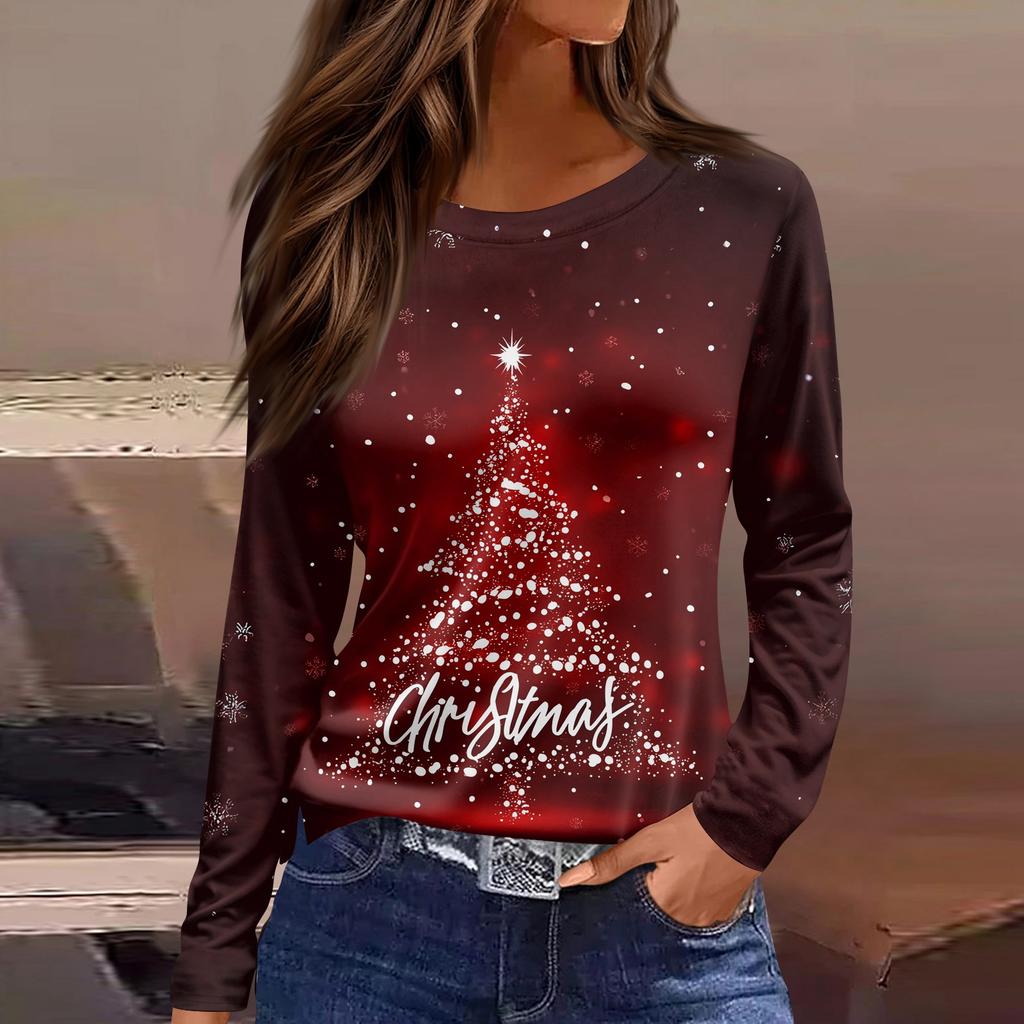 Women's Fashion Casual Slit Hem Round Neck Long Sleeve Loose Christmas Printed T-Shirt Ladies Top