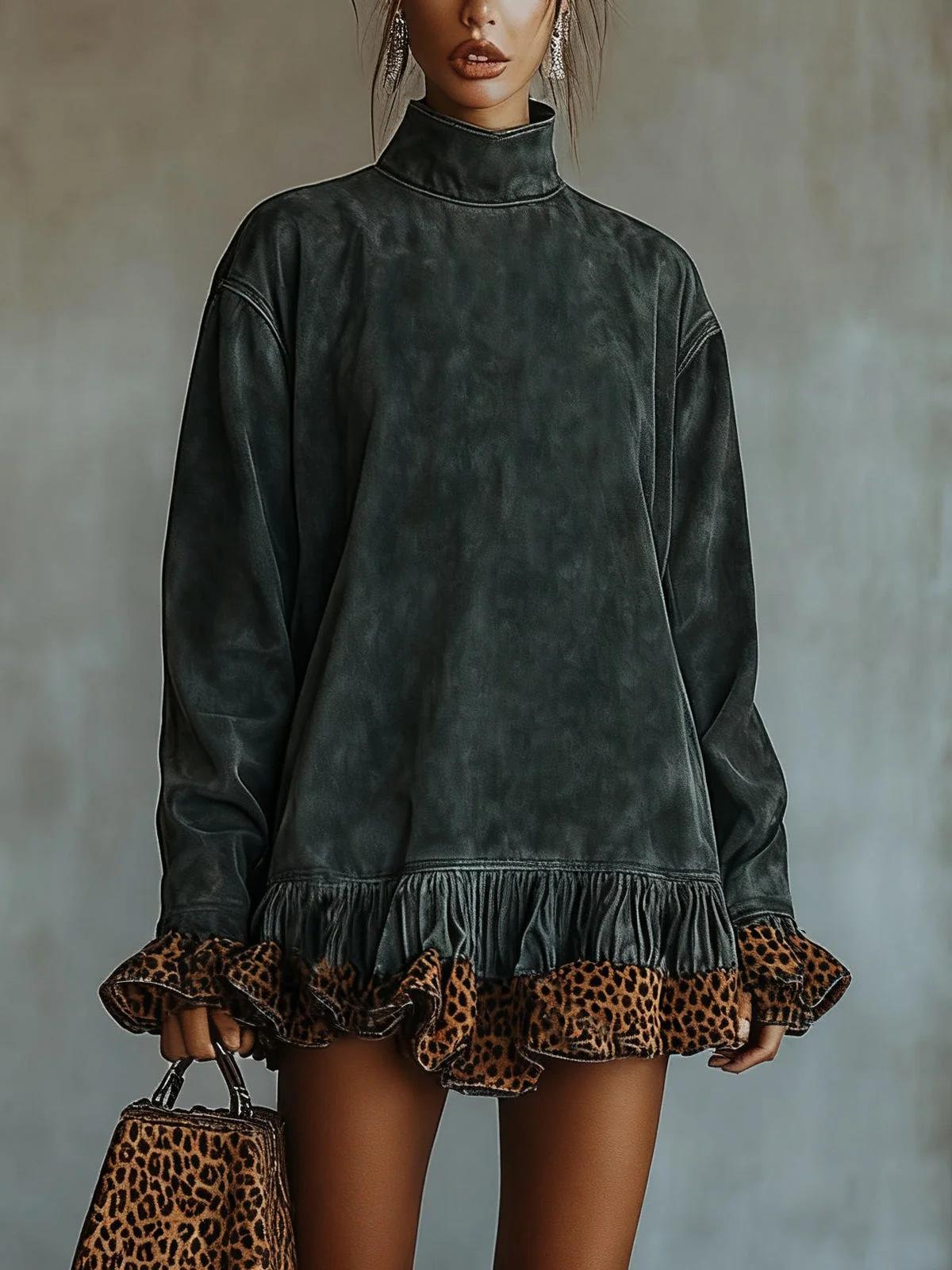 2026 Fashion Casual Leopard Print High Neck Long Sleeve Patchwork Dress Large темно-серого