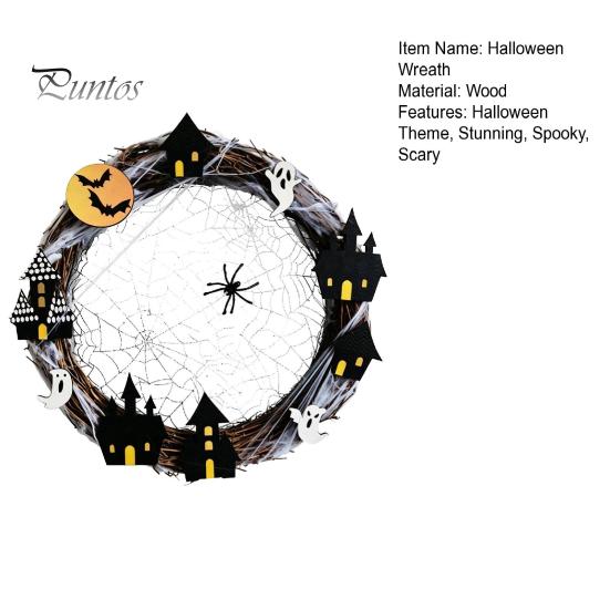 Front Porch Decoration Halloween Spider Web Wreath, Spooky Vine Branch Wreath with Ghost Castle Bat Cabin Party Props for Door, Farmhouse, Indoor,