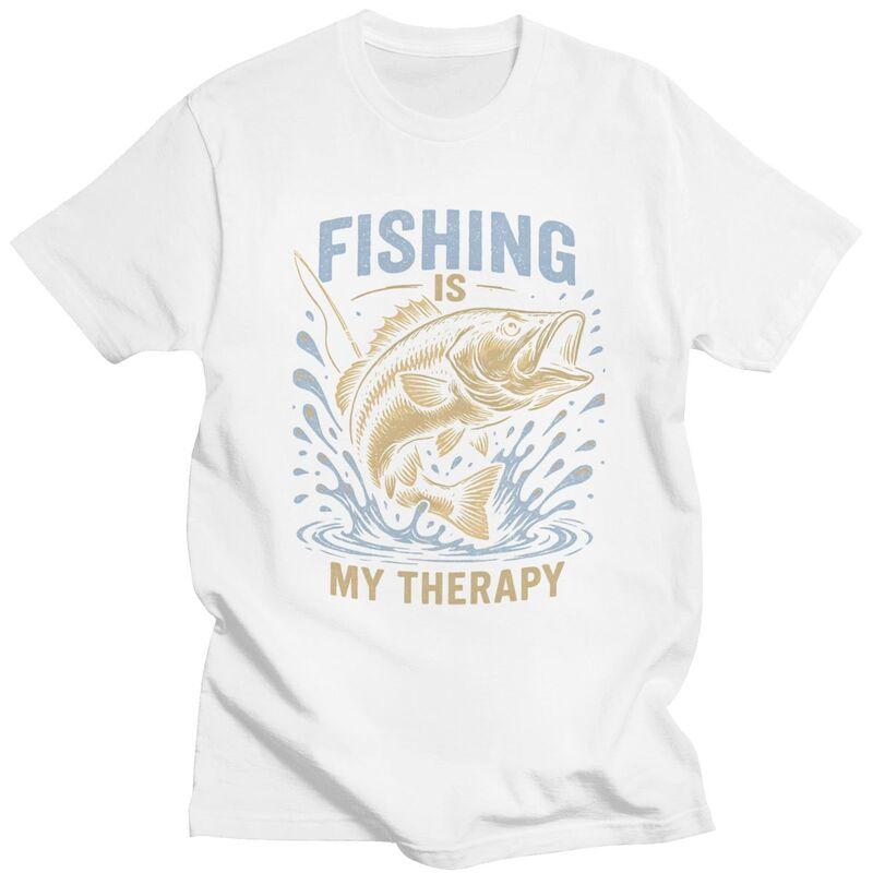 Fishing Is My Therapy T Shirt Men Short Sleeve Angler Fishman Lover Tshirts Casual Tee Tops For Husband Father Oversized Tshirt