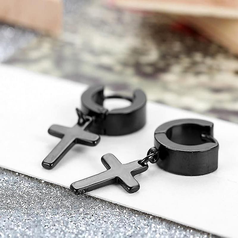 Men's Womens Vintage Stainless Steel Cross Dangle Hinged Hoop Earrings, Classique Drop Earrings For Christmas Valentine's