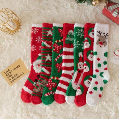 Damen Niedliche Rentier & Schneemann Korallenfleece Wadenlange Socken - Dick, Gefüttert für Herbst & Winter