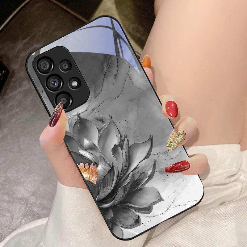 Side Lotus White For Samsung Galaxy S10 4G S20 11E 30 S21 21Fe 22 S24 Pro S23 Ultra 5G S8 S9 Tempered Glass Phone Case