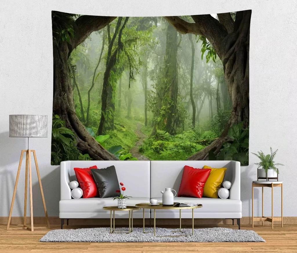 Grüner Wald Wandteppich Kulisse Kleiner Wasserfall Wandteppich Naturlandschaft Fluss Bach Wandbehang Waldlandschaft Wandteppich