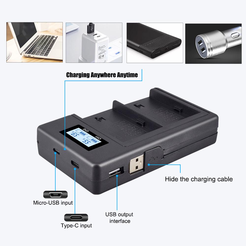 2 Slots Camera Battery Charger LCD Display Battery Charger for Sony NP-FZ100 NP-FW50 NP-FV100 NP-F960 NP-F970 Camera Batteries
