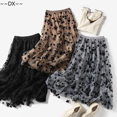 Charming Floral Flocking High Waist Mesh Halfskirt A-Line Skirt Mid Length 2020 Autumn New Fairy Dress
