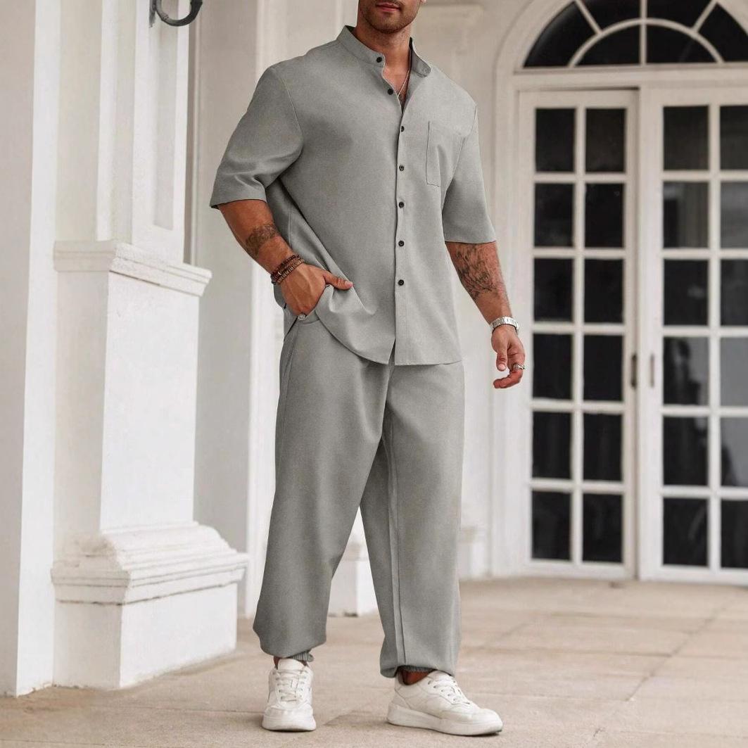 

Новый мужской костюм для поездок на работу из хлопка и льна, повседневная рубашка на пуговицах, брюки с коротким рукавом для мужчин XXXL серый