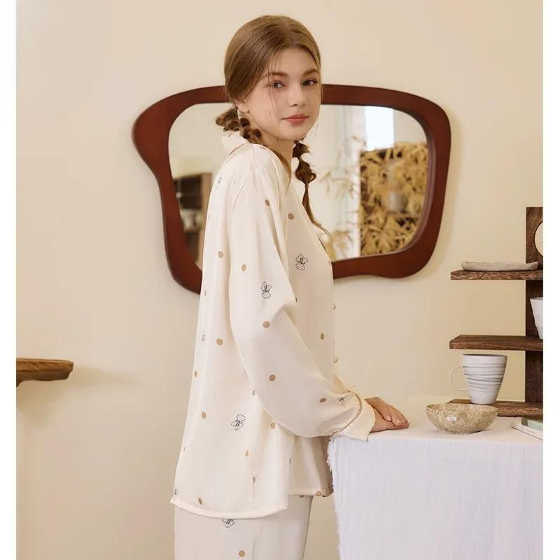 New Girly Style Bear Polo Point Pajamas Women's Home Clothes Ice Silk Pajamas Suit Design Pearl Button Lapel