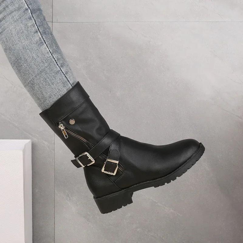 Shoes Women's Leather Boots Retro Belt Buckle Mid Calf Boots Round Toe 2025 New Water Proof Casual Boots Women Botas De Mujer