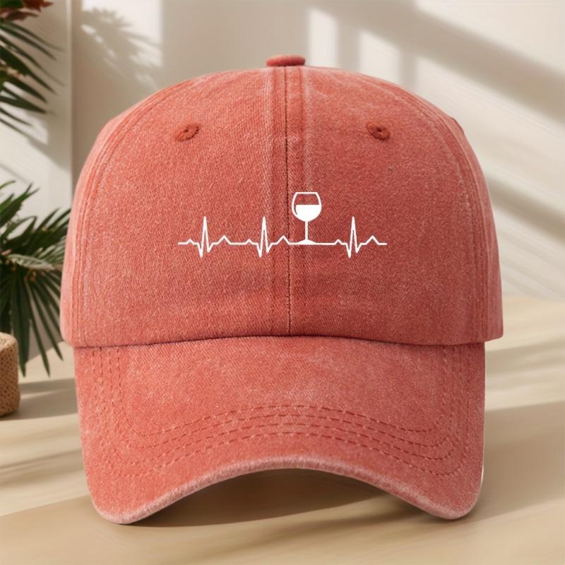 Heartbeat Red Wine Glass Printed Baseball Cap Classic Washed Retro Hat Lightweight Soft Sweat-Absorbent Peaked Cap