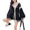 Women's Korean-Style Color Block Zipper Hoodie - Loose Fit, Spring/Autumn.