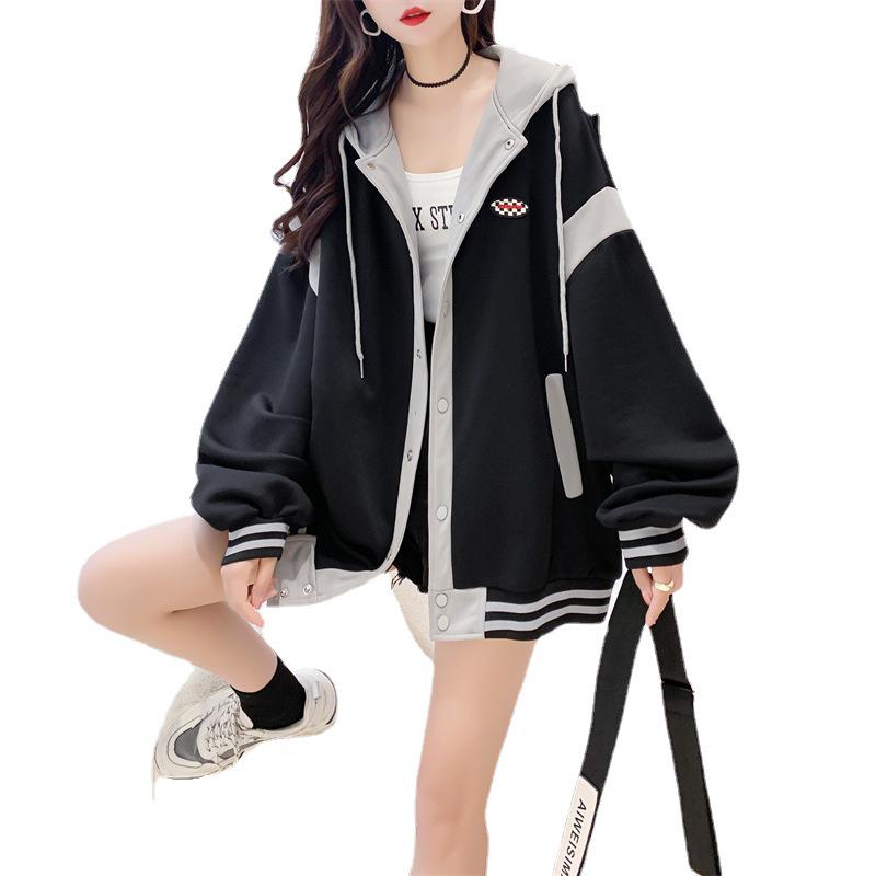 Women's Korean-Style Color Block Zipper Hoodie - Loose Fit, Spring/Autumn.